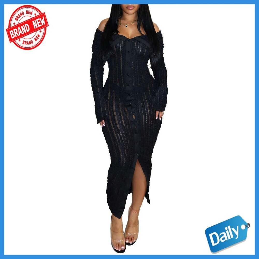 Sheer Mesh Off Shoulder Maxi Dress Flare Sleeve Bodycon Party